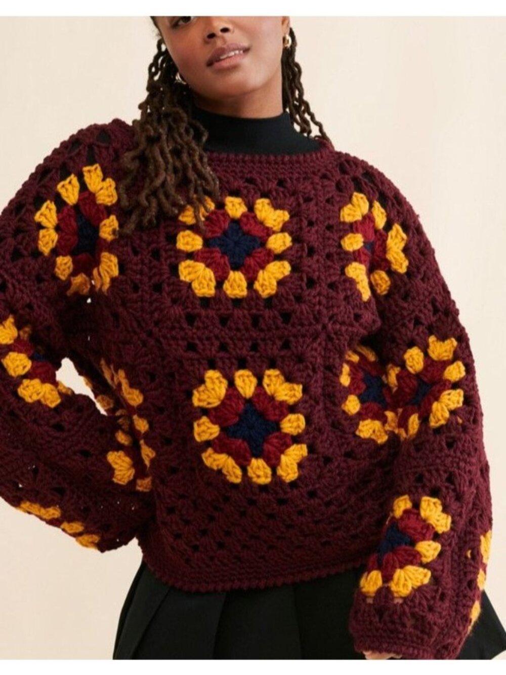 Society Mano Granny Square Chunky Knit Sweater Burgundy Crochet Vintage Womens S